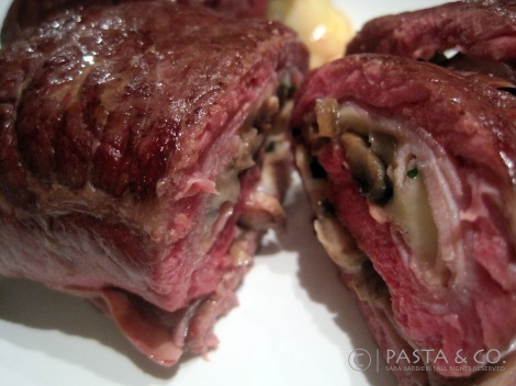Beef rolls of ham, mushrooms and swiss cheese